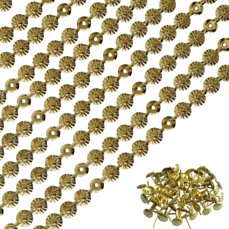 bociloy 10Pcs 1 Meter Upholstery Tacks Strips  Decorative Nail Strips Trim for Sofa  Headboard  Chair Furniture with Single Tacks (D11mm Gold Flower) - Image 1